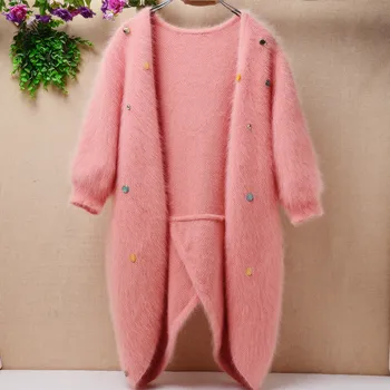 Panie kobiety naturalna norka kaszmirowy sweter płaszcz średniej długości angora królik futro Pół rękawy koronki sweter jesień