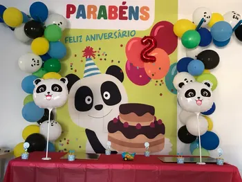 Parabéns Feliz Aniversário Baby Panda Party Cake Balon Plakat Dziecięcy Portret Zdjęcie Tła Fotograficzne Tło Photocall