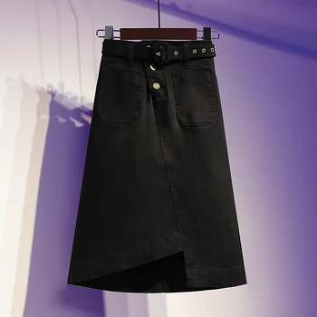 Plus rozmiar Damska jeansowa spódnica asymetria przewodnik moda Wysokiej talii spódnica damska letnia wolna średnia długa jeansowa spódnica z pasem 5XL