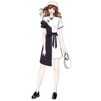 Plus rozmiar kobieta chiński styl sukienka asymetryczny lato 2020 łuk krótki rękaw luźna falbanka paski sukienki kobiety