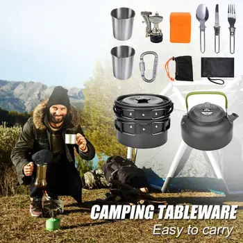 Przenośny naczynia wielofunkcyjny odkryty camping naczynia piknik gotowania, patelnia, czajnik, Widelec, Łyżka, szklanka wody kuchnia narzędzie
