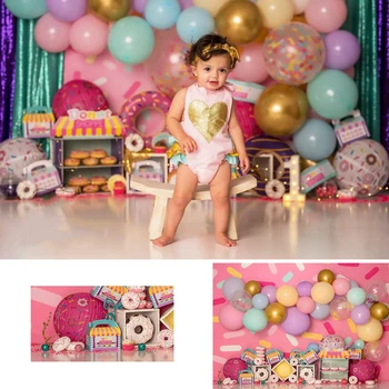 Pączki motyw ciasto Smash zdjęcia, tło, dziewczyna 1-urodziny kolorowe kurtyny różowy balon wystrój tła dla studia fotograficznego