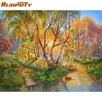 RUOPOTY frame autumn river diy painting by numbers landscape acrylic paint by number for home decor wall art picture wyjątkowy prezent