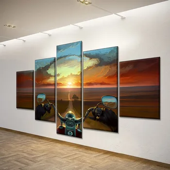 Ramki HD Typ druku na płótnie plakat 5 panel zachód słońca krajobraz artystyczny psychodeliczny motocykl Drogowa malowanie ściany sztuki dekoracji wnętrz