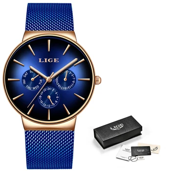 Relogio Masculino LIGE New Blue Clock męskie zegarki Top Brand Casual Luxury Mesh Belt ze stali nierdzewnej zegarek kwarcowy zegarek dla mężczyzn+pudełko