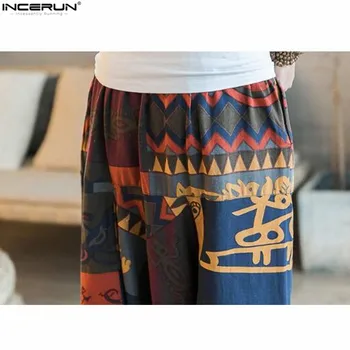 Retro chińscy mężczyźni Drop-crotch spodnie spodnie spodnie bawełniane elastyczna talia temat drukowane casual męskie spodnie INCERUN