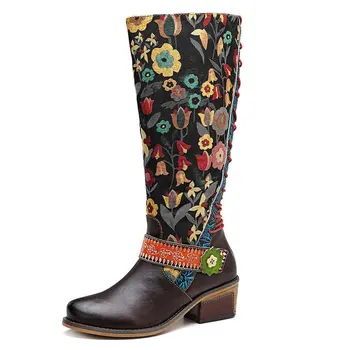 Retro drukowane kwiat cowgirl buty Damskie buty kobieta skóra naturalna buty do połowy łydki zima czeski rycerz Botas Mujer