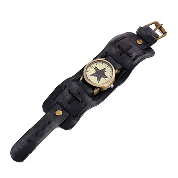 Retro zegar relogio masculino modny Gwiezdny wzór chronograf Kwarcowy zegarek na rękę punk rock brązowy duży szeroki skórzany bransoletka mankiet dla mężczyzn
