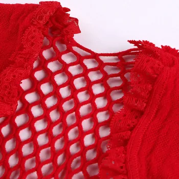 SEBOWEL Sexy Deep-V Lace Misie Lingerie Bodysuit Women Lattice Mesh Hollow Out Kabaretki Black/Red Body Suit Top