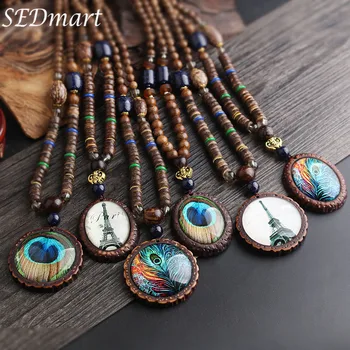 SEDmart Bohemian Creative Wood Beads Long Glass Peacock Feather Pendant Naszyjnik dla kobiety dziewczyny żywicy biżuteria prezenty Dropship Hot