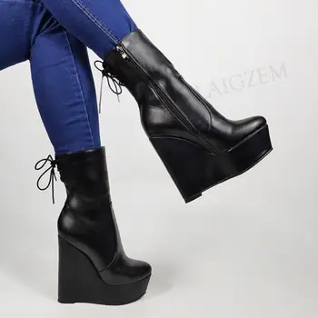 SEIIHEM SUPER Women Ankle Platform kliny buty wysokie obcasy, krótkie botki pracy ręcznej czarny buty damskie damska rozmiar 43 44 47 50 52