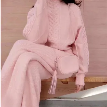 SMTHMA 2020 New Autumn Winter Knit Pant Sets Women Turtleneck warm pink Sweater + Wide Leg Two Pcs Pants Suits set