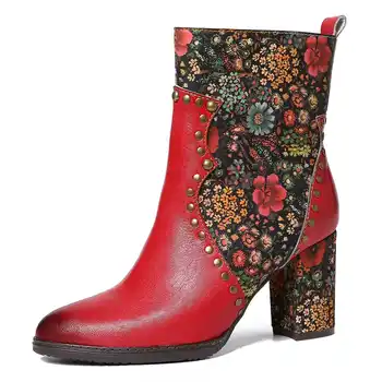 SOCOFY retro buty Botas mujer kolorowe kwiaty Czerwony skóra naturalna łączenie kwadratowe obcasy zamek krótkie buty kobiety Wiosna