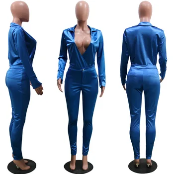Satyna jedwab seksowny komplet z dwóch części kobiety głębokie V-neck crop top +spodnie 2 szt zestaw Bodycon bandaż stroje casual OL odzież