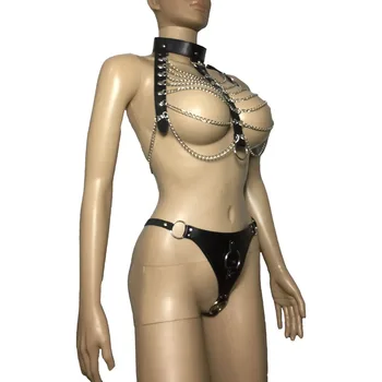 Sexy kobiet metalowe łańcuchy combo ciała wiązka zestaw łańcucha serwet kamizelka top i metalowy pierścień G ciąg fetysz wieczór panieński strój gospodyni