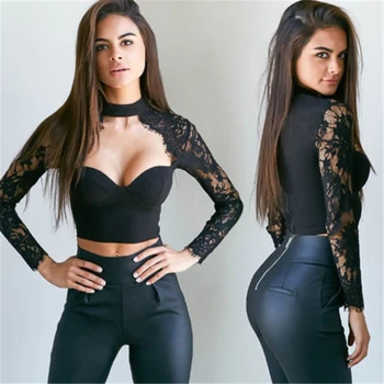 Sexy kobiety See through Lace Mesh Sheer Long Sleeve Crop Top Koszulka Fashion See through Lace Mesh Sheer Black White Blouse