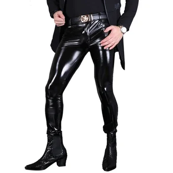 Sexy mężczyzna moda PVC błyszczące chude sztuczna skóra spodnie dla mężczyzn sexy mokry wygląd błyszczący styl ołówek spodnie gej odzież F130