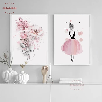 Skandynawski plakat różowy kwiat wieża dziewczyny pokój ściany sztuki na płótnie, obrazy ścienne, obrazy do salonu plakaty i druki SAN124