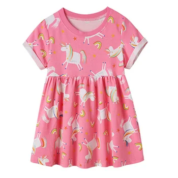 Skoki Metrów Letnia Księżniczka Dzieci Dziewczyny Bawełniane Sukienki Druk Zwierząt Cute Baby Unicorn Kostium Strój Dziecka