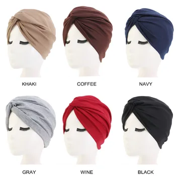 Soild kolor bawełna turban czapki dla kobiet boho twisted głowa okłady indyjska kapelusz muzułmański underscarf kaptur islamskie nakrycia głowy, odzież