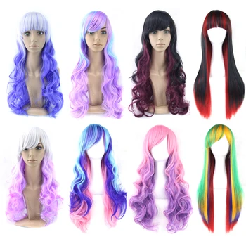 Soowee 28 cali długie kręcone włosy syntetyczne peruki dla kobiet wysoka temperatura włókna partii włosów biały różowy kolor tęczy cosplay peruka