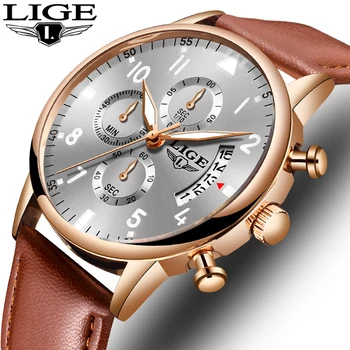 Super piękne różowe złoto męskie zegarki najlepsze marki luksusowych skóra wodoodporny zegarek Kwarcowy LIGE mężczyźni Sport data męski chronograf