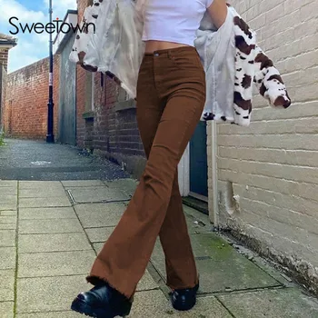 Sweetown Brown Y2K Jeans Joggers Women Flare Pants Vintage Streetwear Mid Waist estetyczne denim spodnie damskie sportowe spodnie