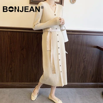 Sweter Sukienka Elegancki Koreański Styl Kobiety Długie Sukienki V-Neck Czarny Jednorzędowy Jesień Zima Sukienka Bodycon Meble Ubrania Z008