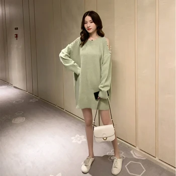 Sweter z dzianiny Perłowa jednolity kolor, bez ramiączek, z długim rękawem O-neck koreański elegancki Vestido koreański słodka sukienka szczupły wiosna jesień C40