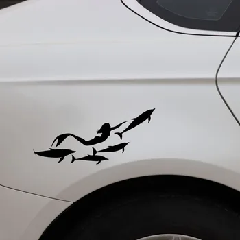 Syrenka i Delfin wysokiej jakości samochodowa naklejka dekoracja okna samochodu osobowość PVC wodoodporna naklejka czarny/biały, 18 cm*8 cm