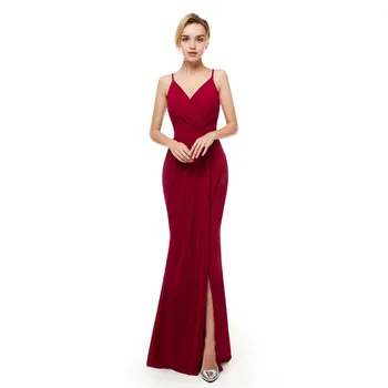 Szlachetny Weiss Wino czerwone suknia spaghetti pasy suknie ślubne partii długa szyfonowa spódnica Split sukienki panny młodej