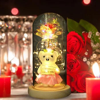 Sztuczna wieczna Róża z podświetleniem led Beauty The Beast Rose In Glass Christmas Home Decor For Valentines Day Christmas Gifts