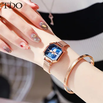 TDO damskie zegarki 2020Square moda zegarek damski luksusowe zegarek damski bransoletka dla kobiet Skórzany pasek zegarek