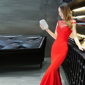 To Yiiya Mermaid evening dress Suknia długość podłogi formalne Kantar suknie wieczorowe czerwone białe rękawów zamek temu sukienka C072