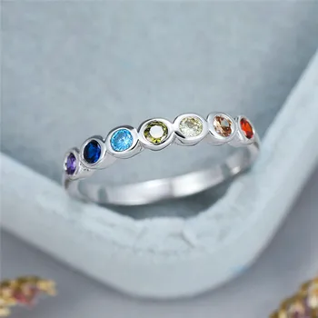 Tęczowy Gradient Cyrkon Mały Kamień Cienkie Pierścienie Dla Kobiet Ślubne Biżuteria Moda Vintage Kolor Srebrny Pierścień Kryształ Wielokolorowy