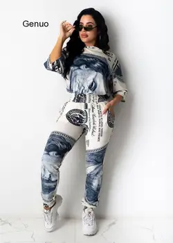 US Dollar Print Two Piece Set dres dla kobiet koszula Skinny Jogger Suit spodnie Matching Set stroje Femme 2020 New