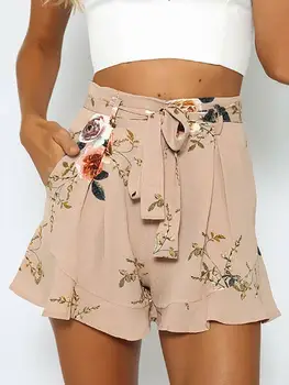 US Women Vintage kwiatowy spodnie letnie casual szorty z kokardą Wysoka Talia krótkie spodnie