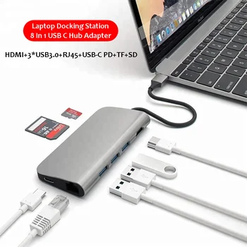 USB C Hub Adapter stacji dokującej stacja dokująca do laptopa 8 w 1 USB 3.0, HDMI, RJ45 Gigabit SD TF dla Macbook HP Huawei zgodny Thunderbolt 3