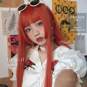 Uwowo długie proste pomarańczowe Lolita Hime Cut peruki cosplay odporne włosy syntetyczne anime peruki dla anime