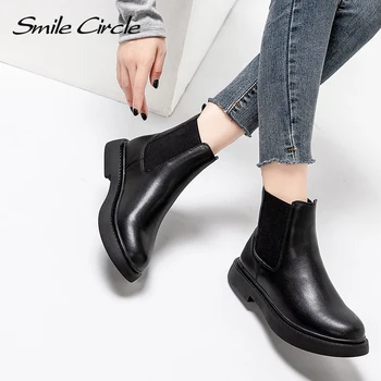 Uśmiech koło botki skóra naturalna kobiety grube krótkie buty jesień casual buty damskie proste buty zimowe czarny