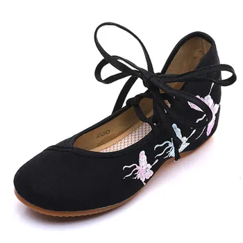 Veowalk motyl haftowane kobiety płótno zasznurować buty retro panie codzienny komfort tkanina bawełniana haft buty