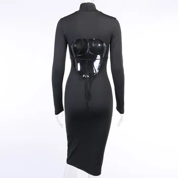 Viifaa Sexy Backless Elegant Party Dress Klubowa Women High Neck Long Sleeve Autumn Bodycon Black Midi Dress