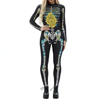 Vintage szkielet straszny kostium zabawny Playsuit skinny body z długim rękawem body drukowanie 3D czaszki zombie Halloween kostium cosplay