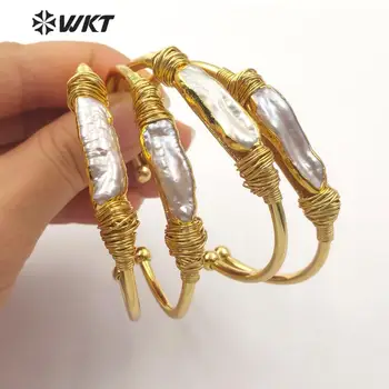 WT-B489 WKT naturalne perły drut owinięty bransoletka złoty pierścień nieregularne perłowa bransoletka, żeński, moda bransoletka biżuteria