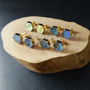 WT-E156 piękne modne kolczyki błyszczące naturalny labradoryt mix kolor Stud kamień złoto stream sprzedaż Hurtowa biżuterii kolczyki