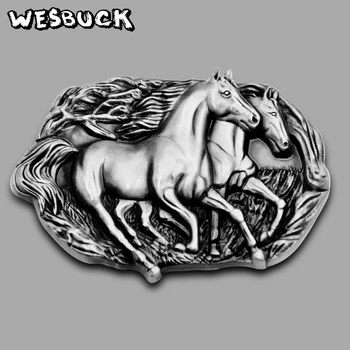 WesBuck Brand Retail Mens ' Two Running Horse kowbojski metalowe klamry paska, Srebrna owalna klamra paska z paskiem PU