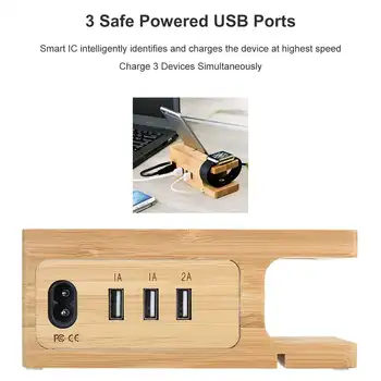 Wielofunkcyjny 3 porty USB Uchwyt telefonu bambusowy naturalna stacja dokująca podstawka stacja baza ładowarka, uchwyt do uniwersalnych godzin telefon