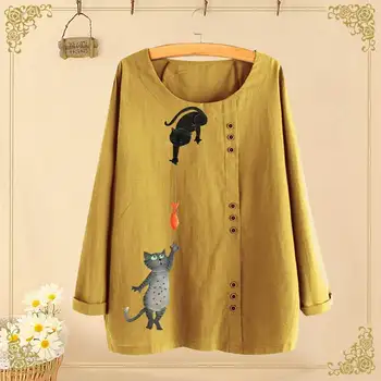 Wiosenna bluzka z długim rękawem ZANZEA codzienne wieczorne koszule kobiety kreskówka kot tunika bluzki stare bawełniane Blusas damska koszulka