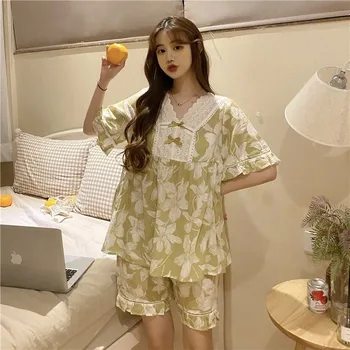 Wiosenno - letnie bawełniane piżamy japoński i koreański styl luźna codzienne kwiatowy szwu Koronki bowknot piżamy garnitur odzież do spania