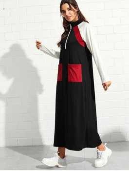 Wiosna bawełnianej sukni nastolatki studenci Sport długa sukienka młoda dziewczyna na co dzień z kieszeniami na zamek patchwork sukienka 89